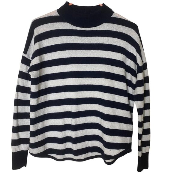 Madewell S Navy White Stripe Mock Neck Sweater Wool Alpaca Blend Preppy - Picture 2 of 9